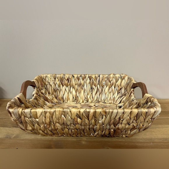 Other - Woven Hyacinth Rectangular Basket with Wooden Handles